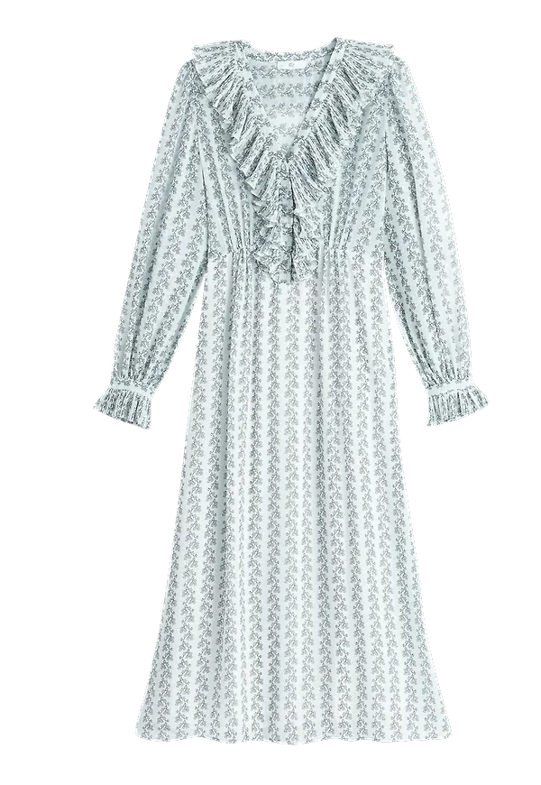 La Redoute - Lång, mönstrad klänning med V-ringning och lång ärm - Brun