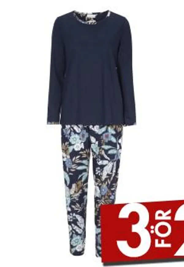 Damella Navy And Ivory Flower Pyjamas Set Marin bomull X-Large Dam