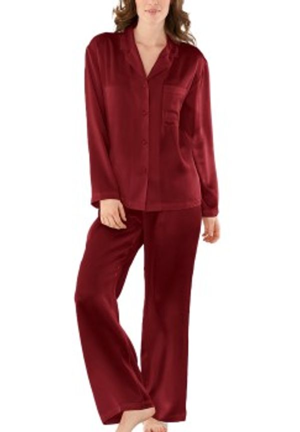 Damella Woven Silk Plain Pyjamas Set Vinröd silke X-Large Dam