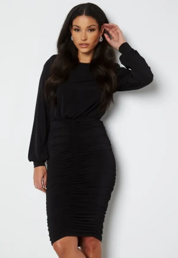 John Zack Long Sleeve Rouched Midi Dress Black XL (UK16)