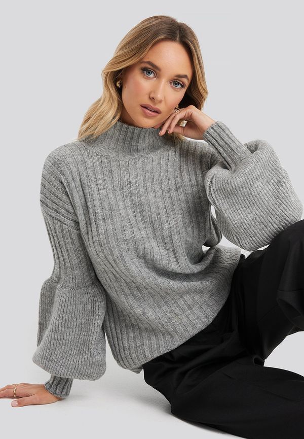 Trendyol High Neck Puff Sleeve Knitted Sweater - Grey