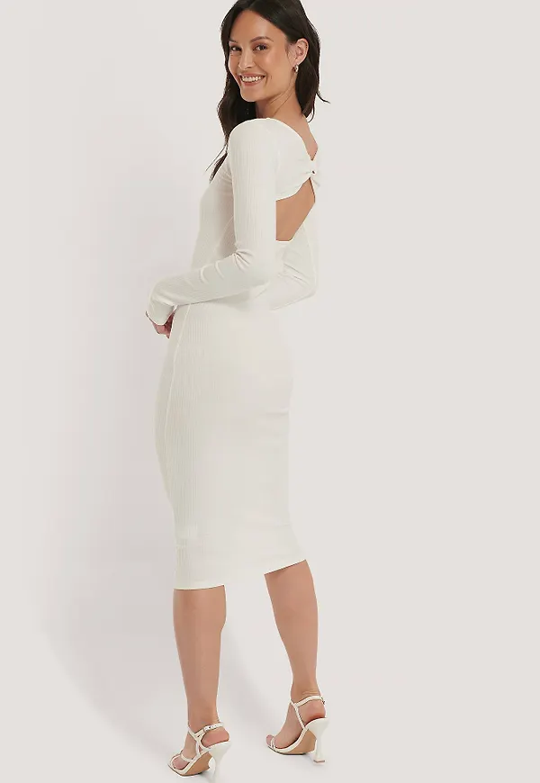 NA-KD Trend Ribbed Wrapped Back Dress - White