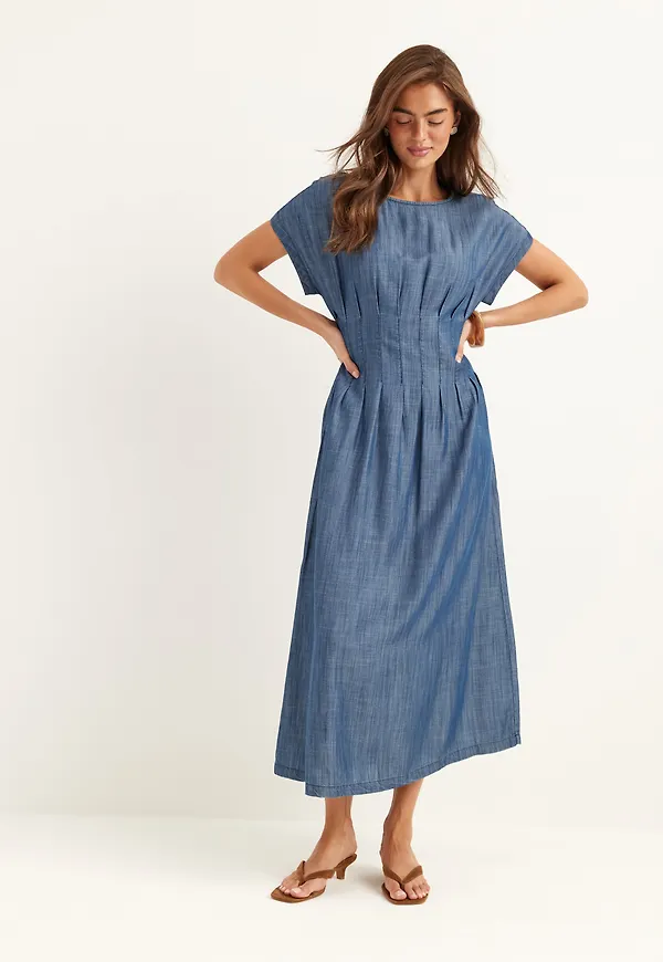 Denim Pleated Midi Dress