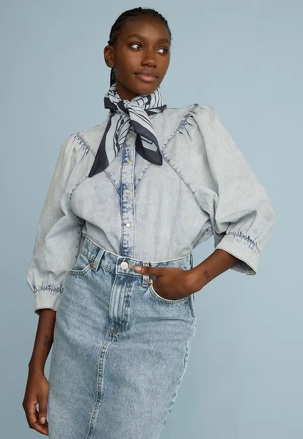 Denimblus med puffärm