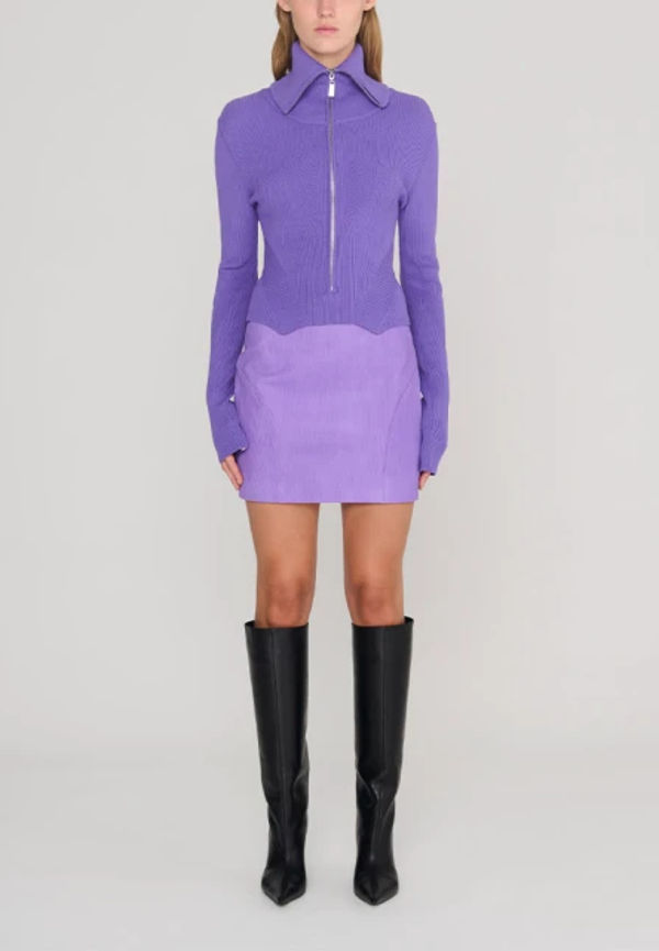 Dense Knit Cropped Zipper Sweater Bright Purple