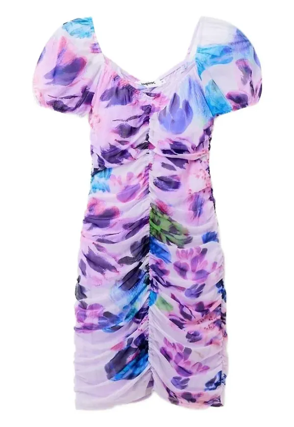 Desigual blommig miniklänning med puffärm - Rosa