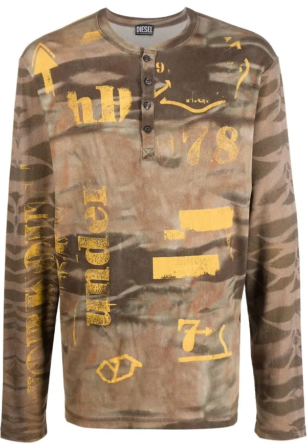 Diesel långärmad t-shirt med graffitimotiv - Brun