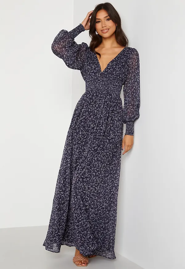 Ditsy Long Sleeve Shirred Maxi Dress