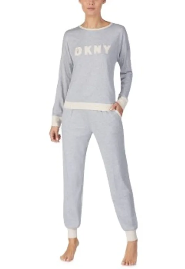 DKNY New Signature Long Sleeve Top and Jogger PJ Grå Large Dam