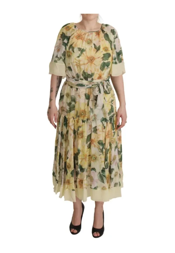 Dolce & Gabbana, Klänning, Dam, M, Nylon, Floral Silk Midi Klänning med Tryck