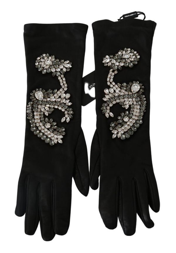 Dolce & Gabbana Leather Lamb Skin Crystal Gloves Svart, Dam