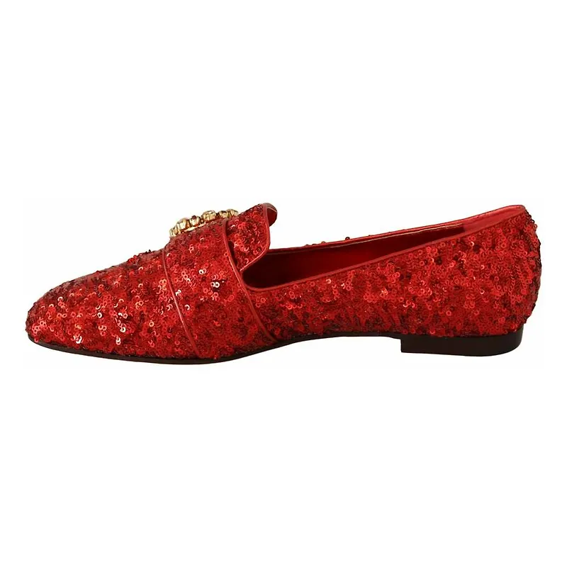 Dolce & Gabbana Sequin Crystal Flat Women Loafers Shoes Röd, Dam