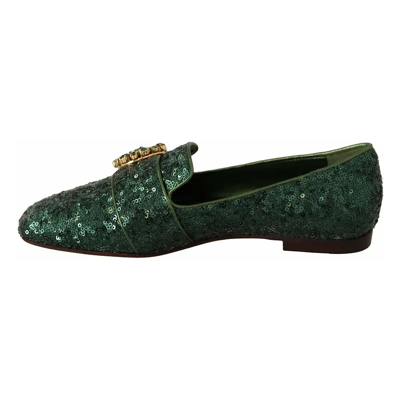 Dolce & Gabbana Sequined Crystal Flat Loafers Shoes Grön, Dam