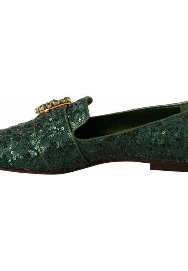 Dolce & Gabbana Sequined Crystal Flat Loafers Shoes Grön, Dam