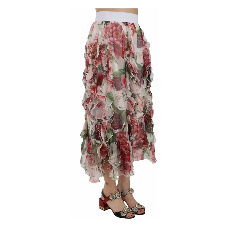Dolce & Gabbana Silk Ruffle High Waist Skirt Vit, Dam