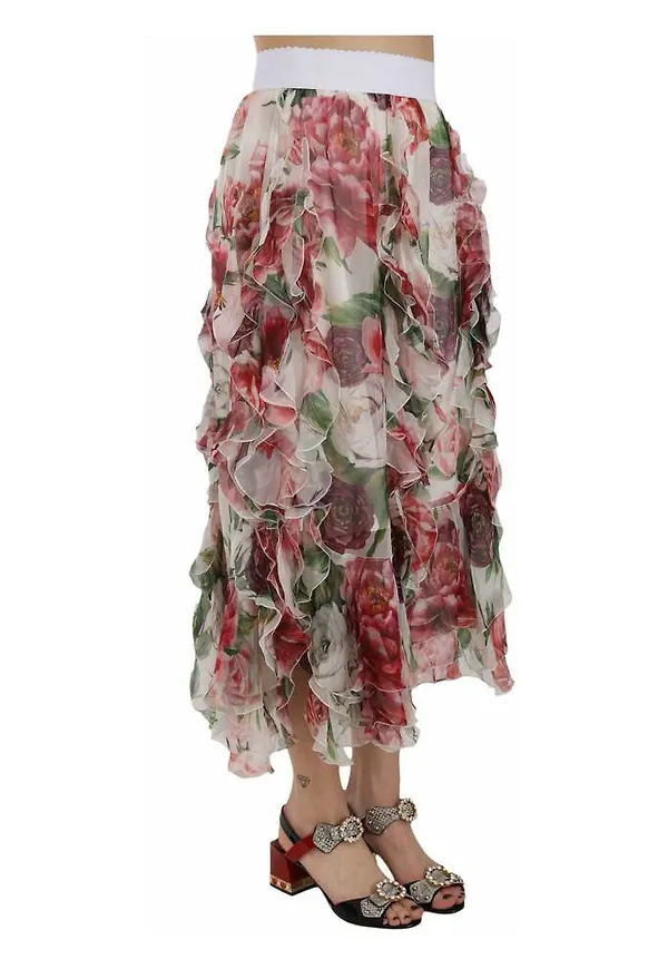 Dolce & Gabbana Silk Ruffle High Waist Skirt Vit, Dam