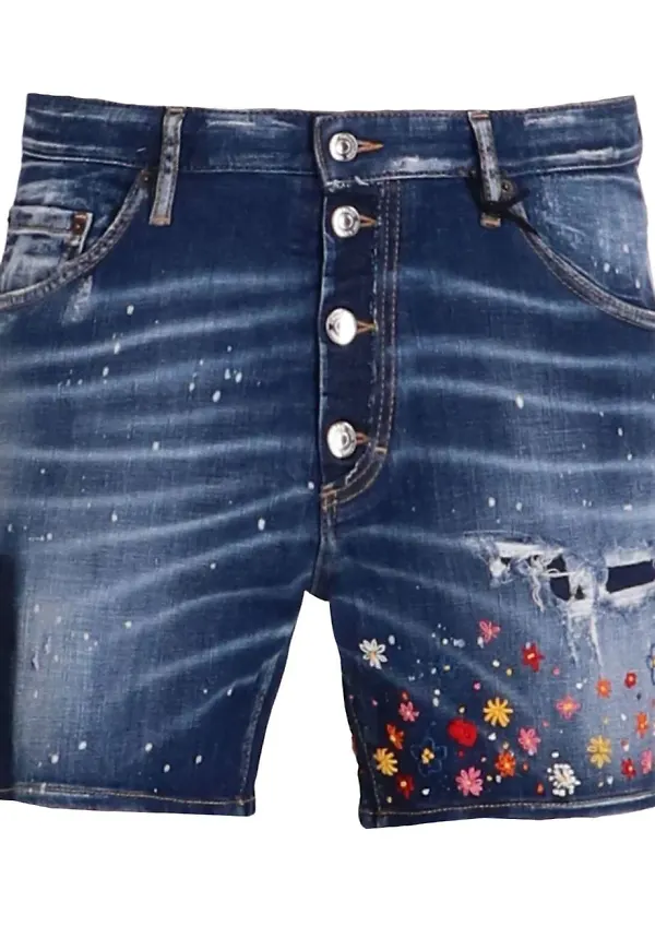 Dsquared2 jeansshorts med blomsterbrodyr - Blå