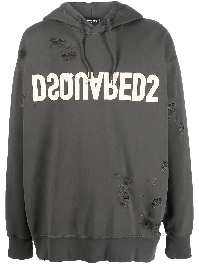 Dsquared2 sliten hoodie med dragsko - Grå