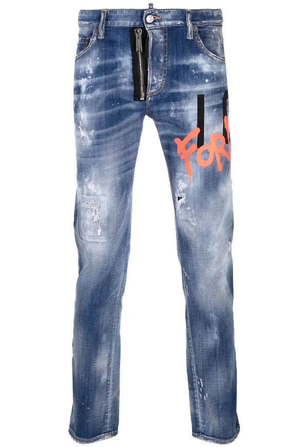 Dsquared2 slitna jeans med graffititryck - Blå