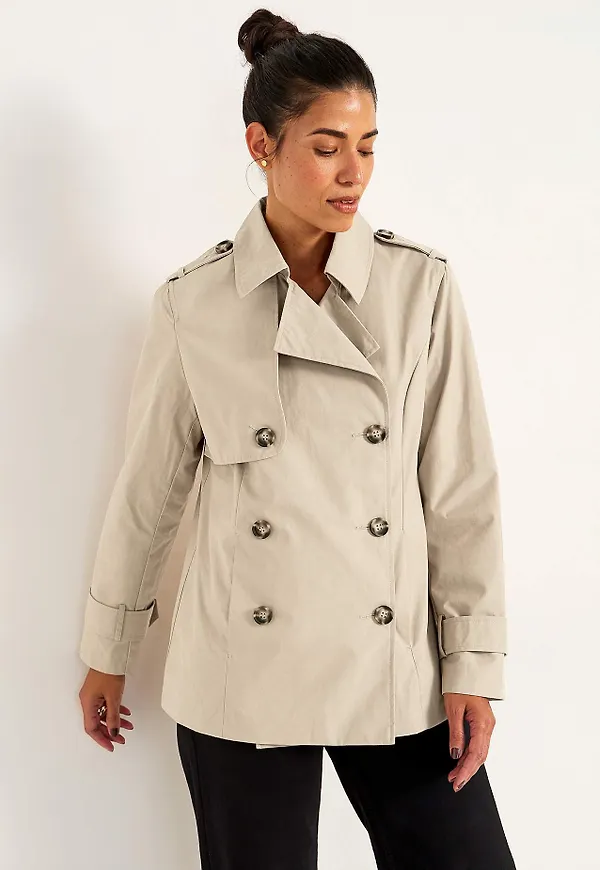 Dubbelknäppt, kort trenchcoat