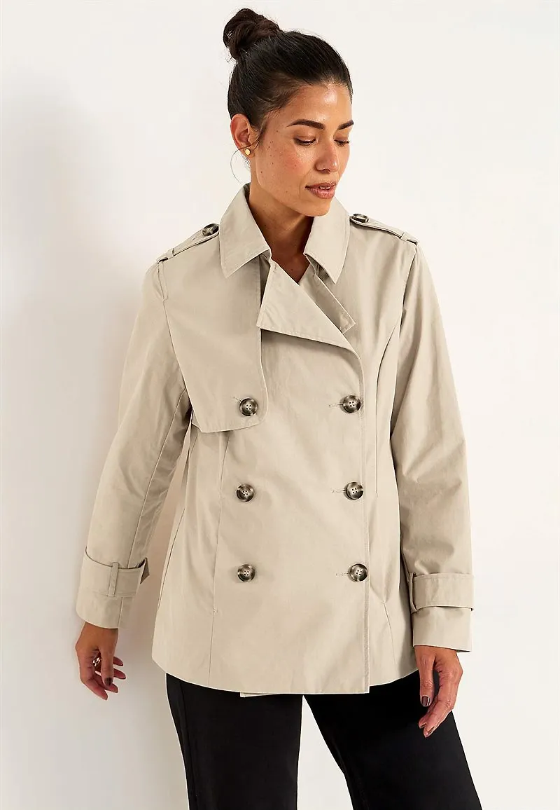 Dubbelknäppt, kort trenchcoat