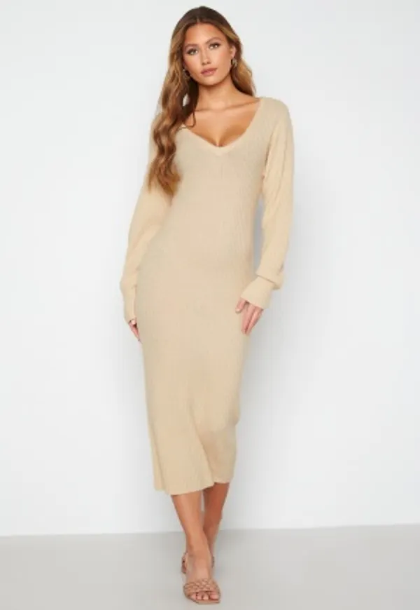 BUBBLEROOM Rosanna knitted puff sleeve dress Light beige M