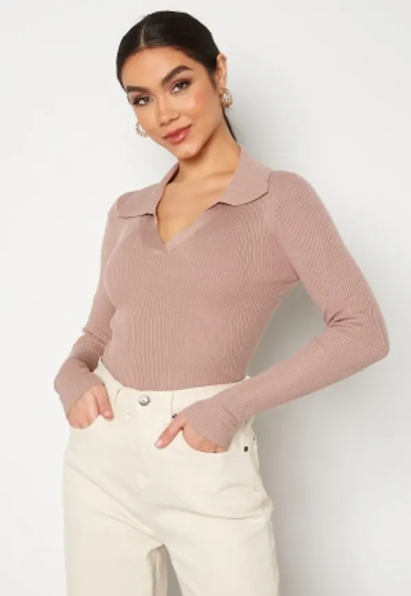 Pieces Hartley LS V-Neck Polo Knit Fawn M