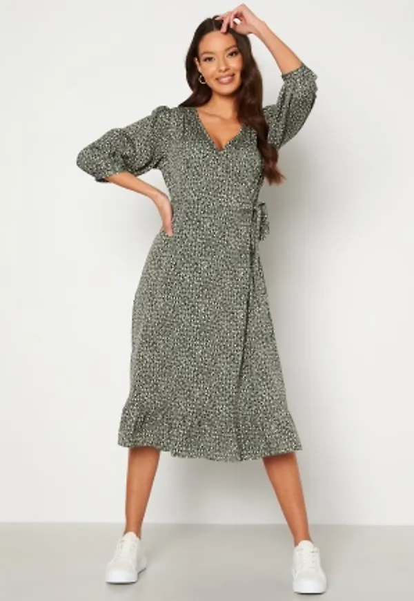 ONLY Oliva Wrap Midi Dress Balsam Green AOP L