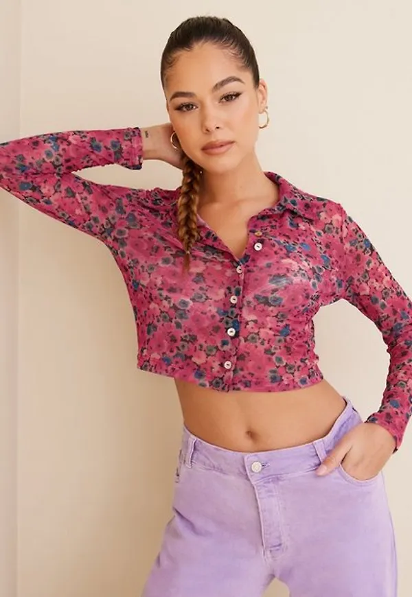 Only Onlnellie Ls Mesh Shirt Nn Långärmade toppar Hot Pink Ditsy