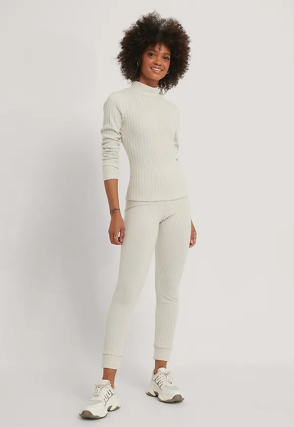 NA-KD Basic Recycled Mjuka Ribbade Tights Med Hög Midja - Beige