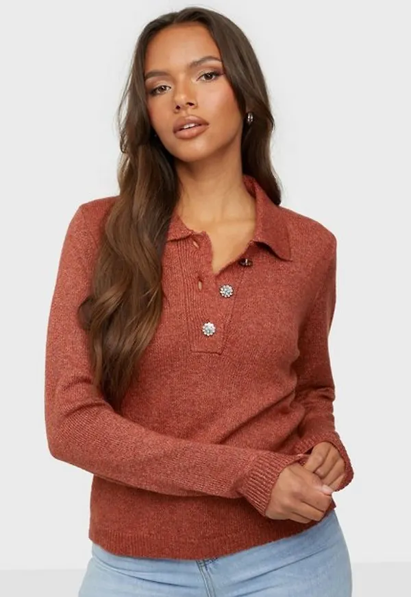 Jacqueline de Yong Jdyrue Raya L/S Polo Pullover Knt Stickade tröjor Tandoori Spice Melange