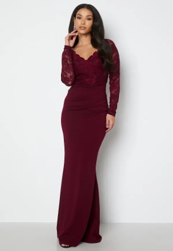 Goddiva Lace Trim Maxi Dress Dark Wine XS (UK8)