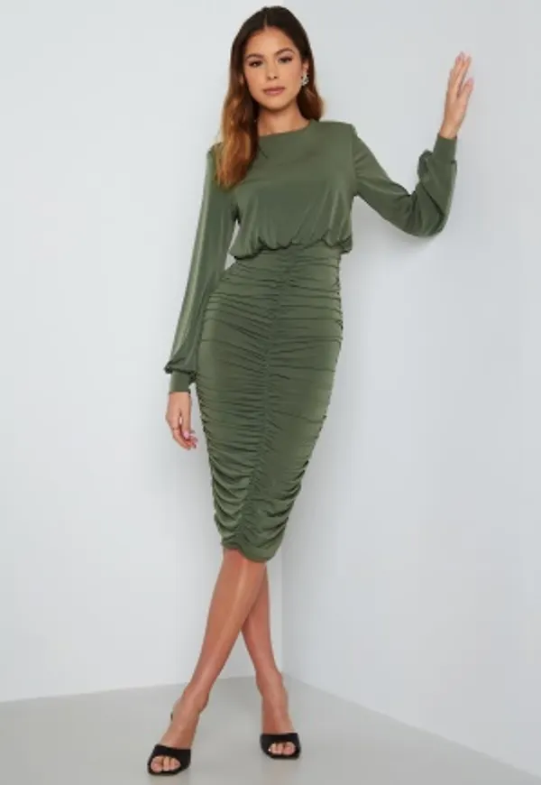 John Zack Long Sleeve Rouched Midi Dress Khaki M (UK12)