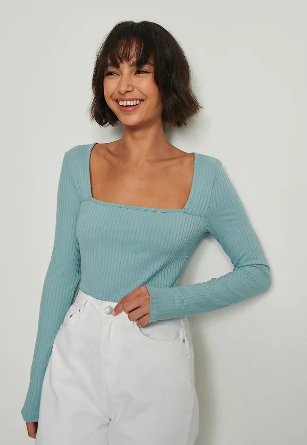NA-KD Recycled ribbad topp med långa ärmar och fyrkantig halsringning - Blue