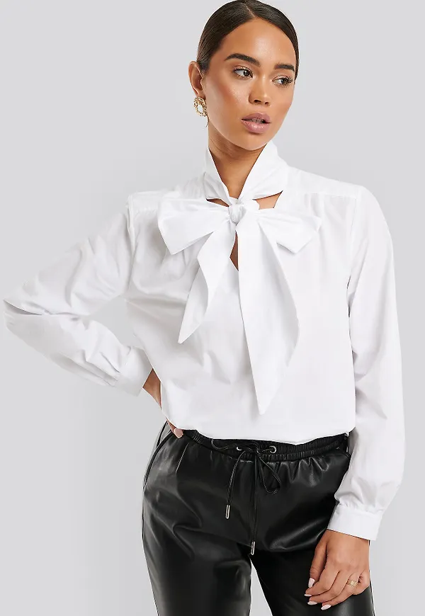 NA-KD Classic Pussy Bow V-neckline Shirt - White
