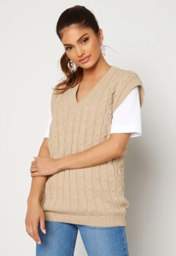AX Paris Cable Knit High Neck Tank Top Stone S/M