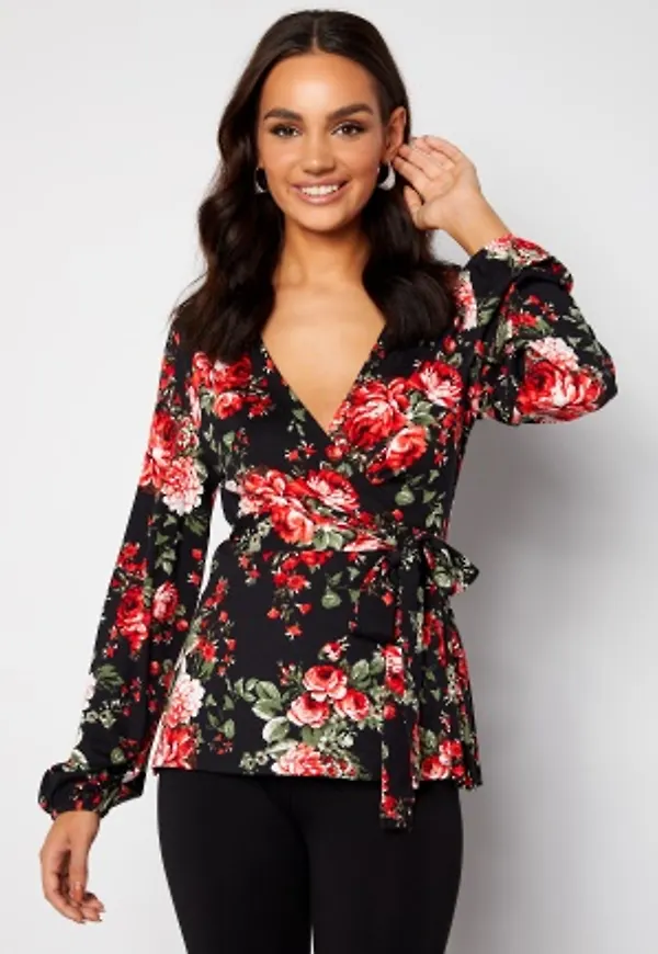 Happy Holly Amanda puff sleeve wrap top Black / Patterned 32/34