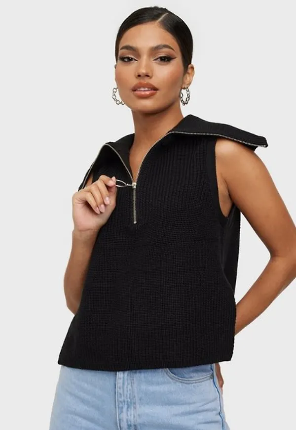 Vero Moda Vmmyrna Sl Cropped Highneck Zip Ve Stickade västar Black