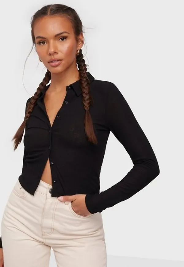 NLY Trend Sheer Collar Top Långärmade toppar Svart