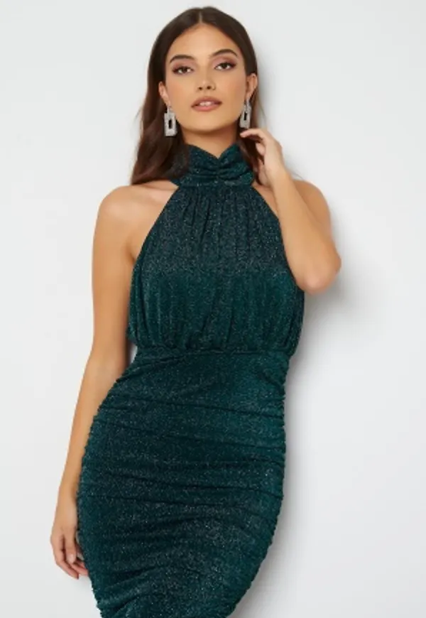 Sparkle High Neck Rouch Midi Dress Teal