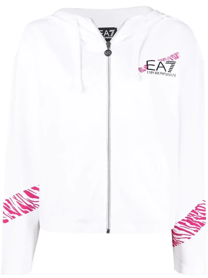 Ea7 Emporio Armani tigermönstrad hoodie med dragkedja - Vit