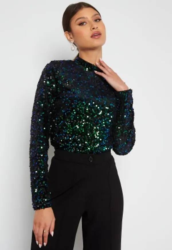VERO MODA Fame L/S Highneck Sequins Top Black Green Tones S