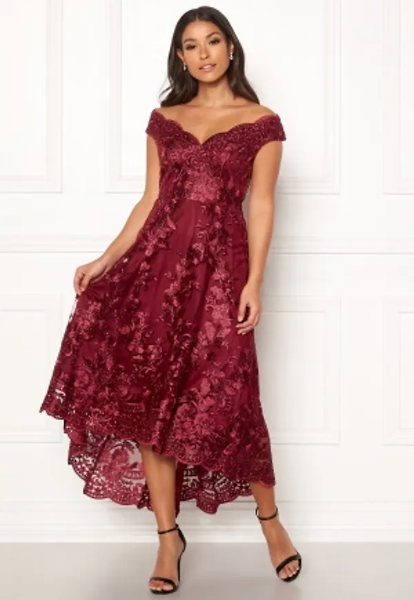 Goddiva Embroidered Lace Dress Wine S (UK8)