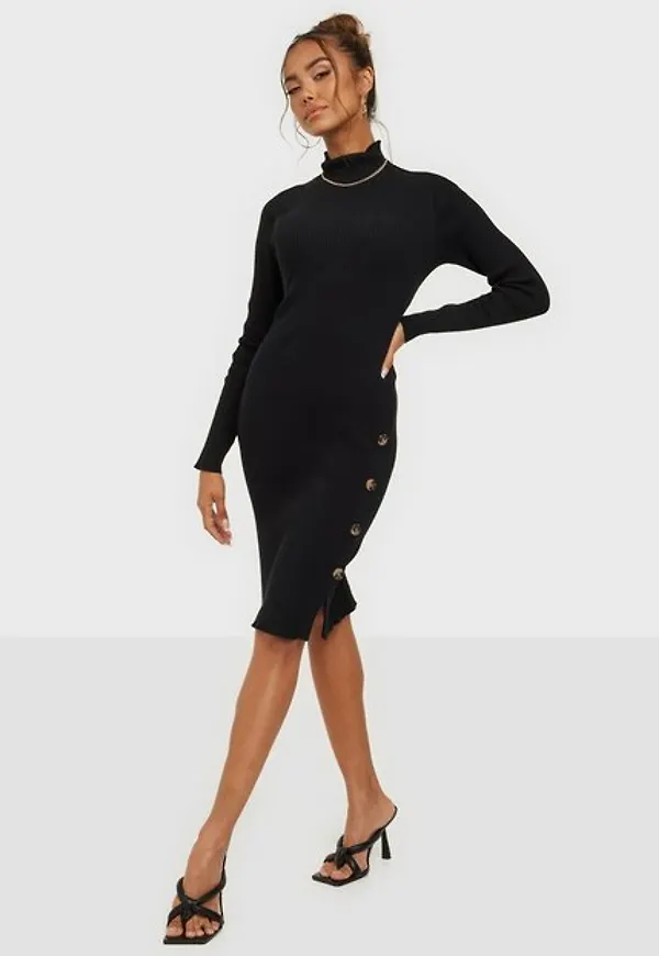 Vila Visolto Knit Button L/S Dress/Su Långärmade klänningar Black