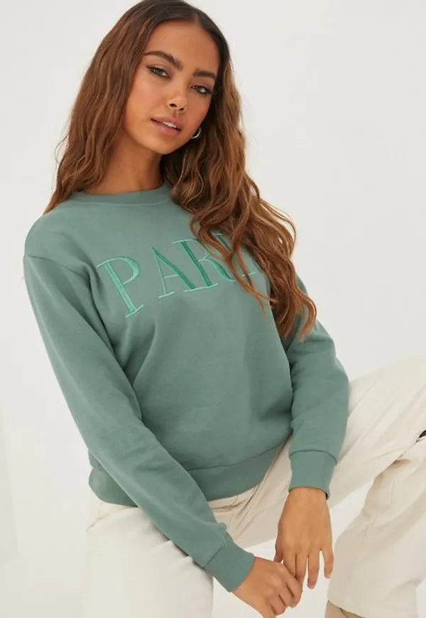 Jacqueline de Yong Jdyparis L/S Emb Sweat Jrs Sweatshirts Sagebrush Green Paris Embroidery