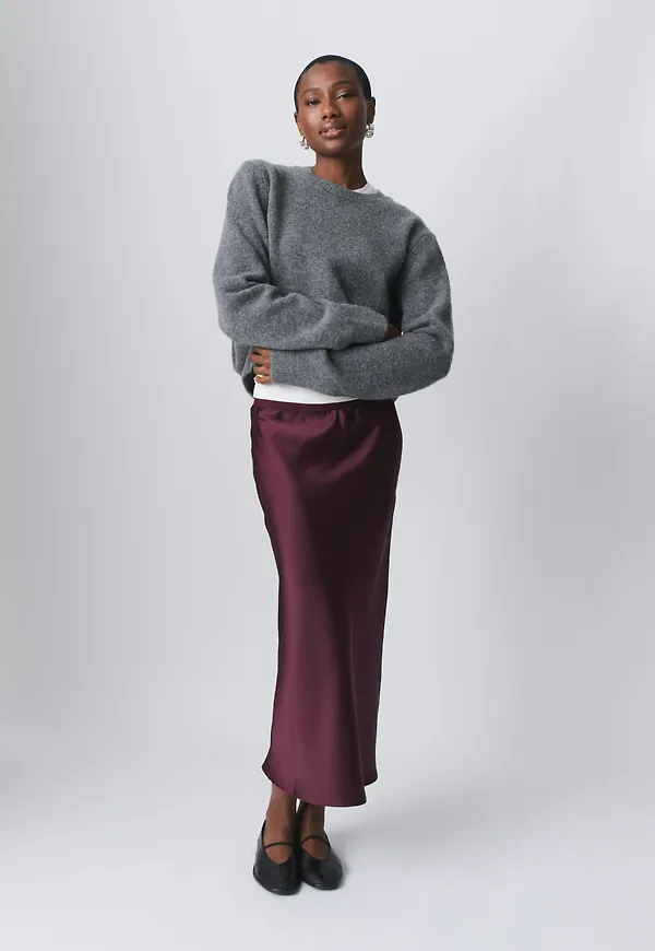 elastic satin midi skirt