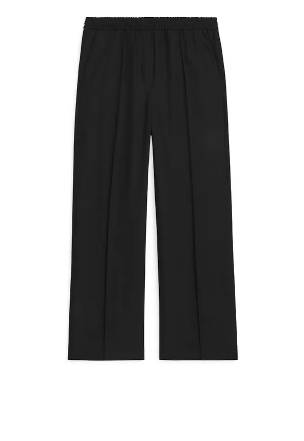 Elastic Waist Twill Trousers - Black