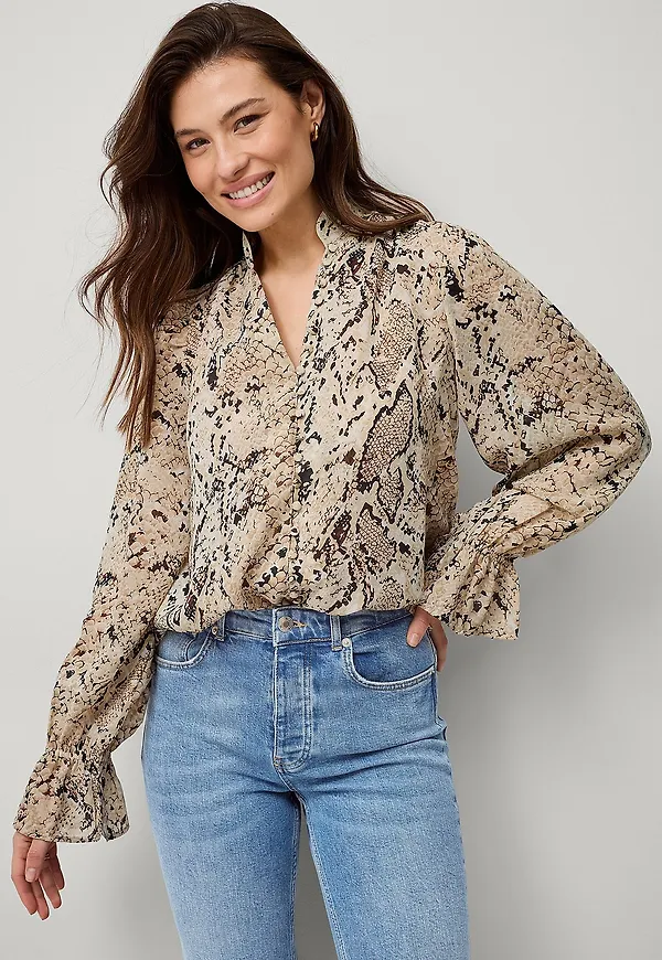 Ellos Collection - Chiffongblus med knäppning - Brun