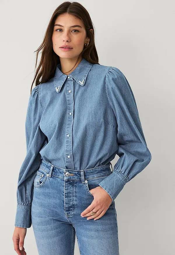 Ellos Collection - Jeansblus Med Pärlor - Blå