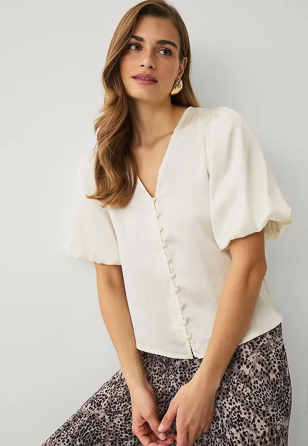 Ellos Collection - Blus i satin - Vit